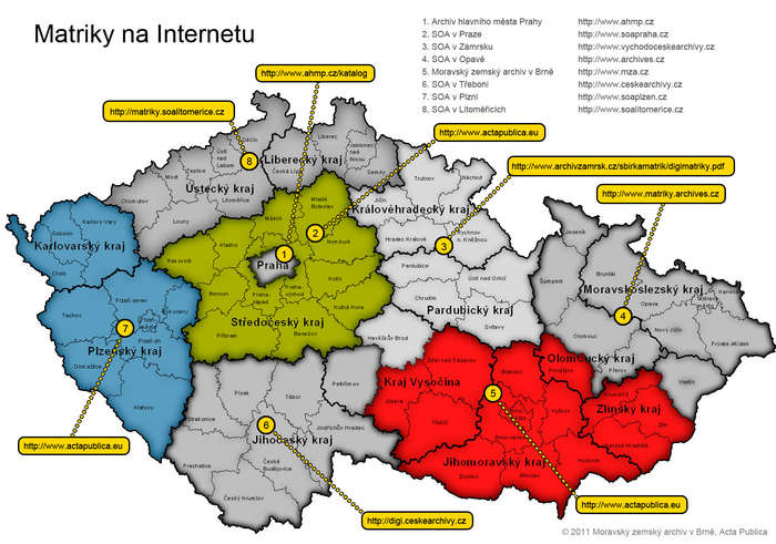 V hraničních oblastech je rozhodující sídlo farního úřadu. Pokud hranice farnosti přesahuje do jiného okresu, jsou matriky obce zařazeny v okresu sídla farnosti. Matriky z barevně zvýrazněných okresů naleznete na https://www.mza.cz/aplikace/ (pozn. Digitalizace probíhá průběžně, některé matriky proto ještě nejsou zveřejněné, více v textu níže).