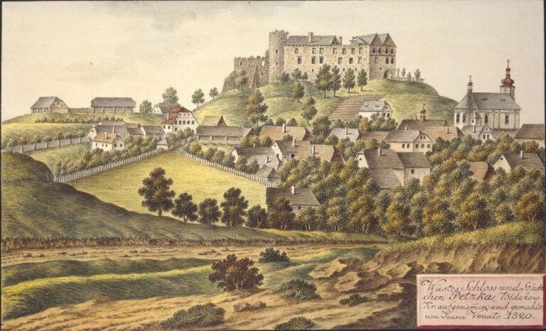 Wüstes Schloss und Städtchen Petzka, Bidcow Kr. aufgenomen und gemahlt von Joann Venuto 1820