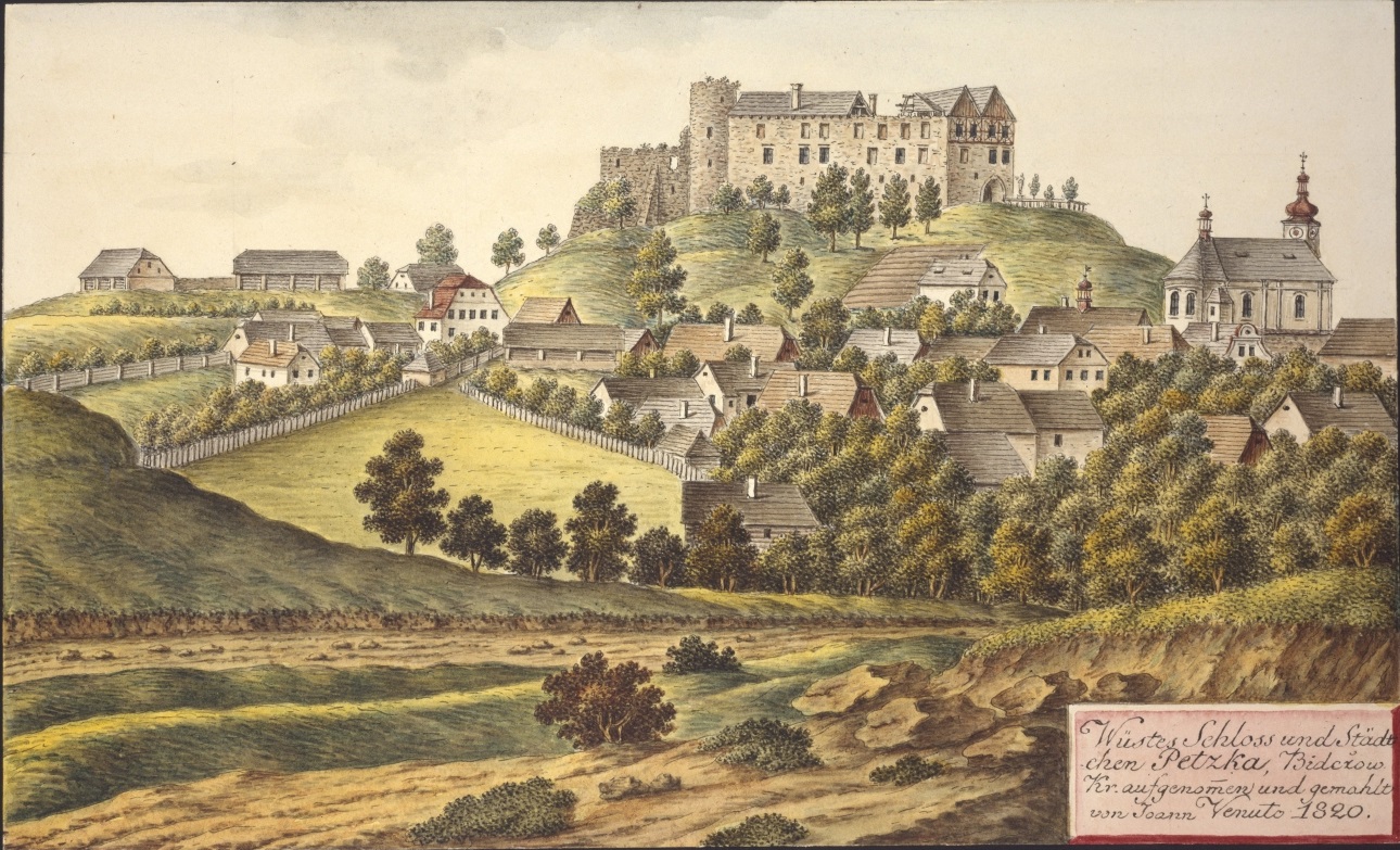 Wüstes Schloss und Städtchen Petzka, Bidcow Kr. aufgenomen und gemahlt von Joann Venuto 1820