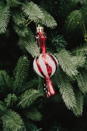 A festive candy cane ornament hangs on a christmas tree.